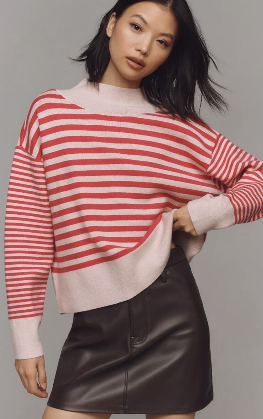 ANTHROPOLOGIE MAEVE CARYS MOCK NECK SWEATER Pink Stripe Size XL NWT